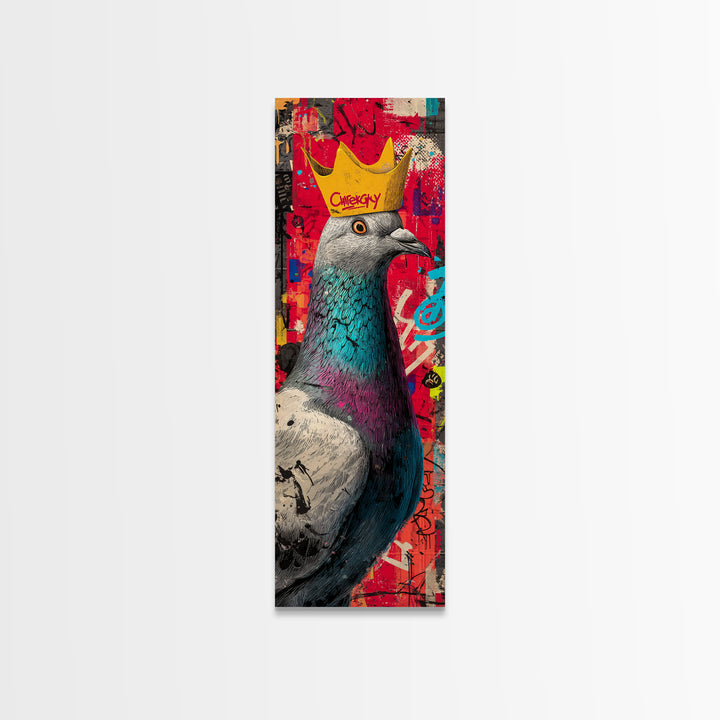 City Pigeon with Crown in Street Art Framed Canvas Print, Graffiti Art, Gallery Decor, Living Room Decor, Fine Art, Street, GRF-1x3-71