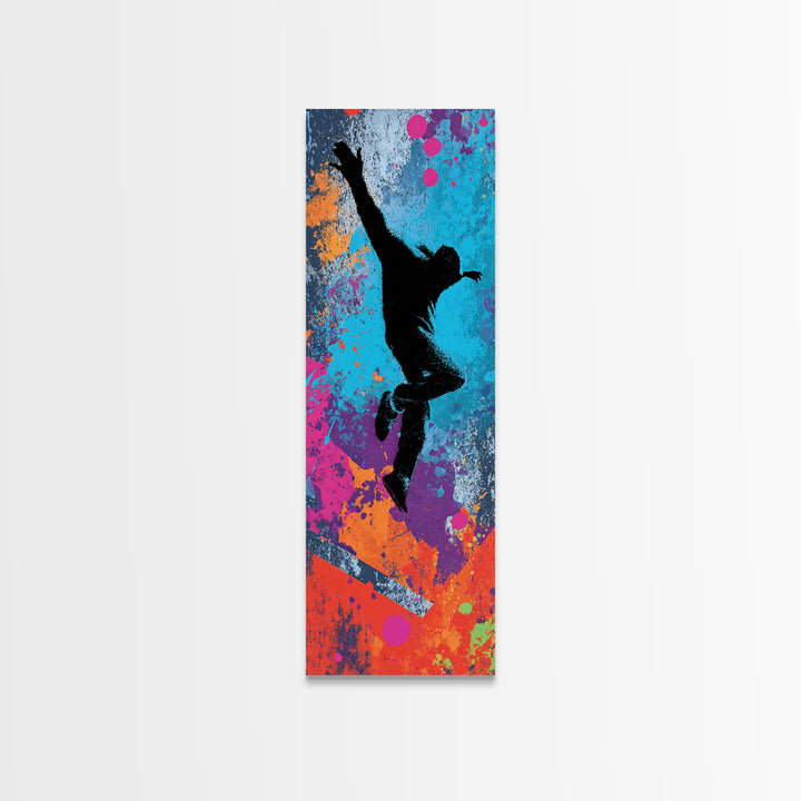 Breakdancer Silhouette over Bright Paint Splashes Canvas Print, Graffiti Art, Contemporary Art, Living Room Decor, Street, GRF-1x3-86