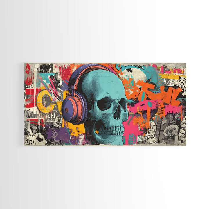Skull and Headphones Mural Composition Framed Canvas Print, Graffiti Art, Graffiti, Living Room Decor, Fine Art, Street, GRF-2x1-19