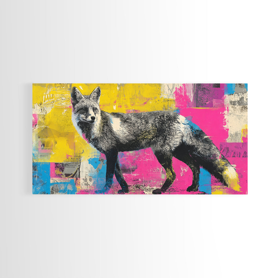 Urban Fox with Layered Sticker Collage Framed Canvas Print, Graffiti Art, Painting, Living Room Decor, Fine Art, Street, GRF-2x1-37