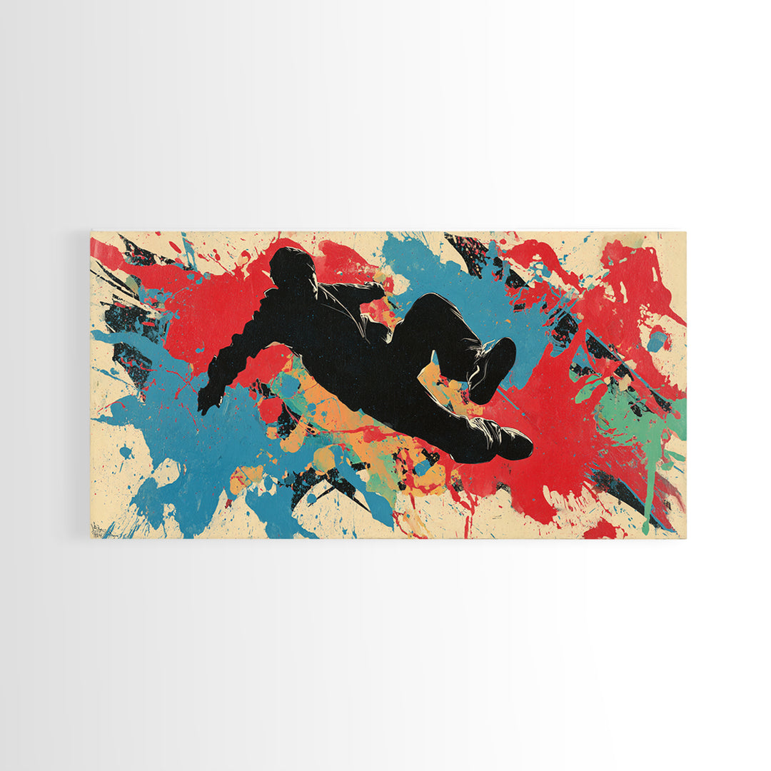 Breakdancer Silhouette over Bright Paint Splashes Framed Canvas Print, Graffiti Art, Poster, Living Room Decor, Street, GRF-2x1-46