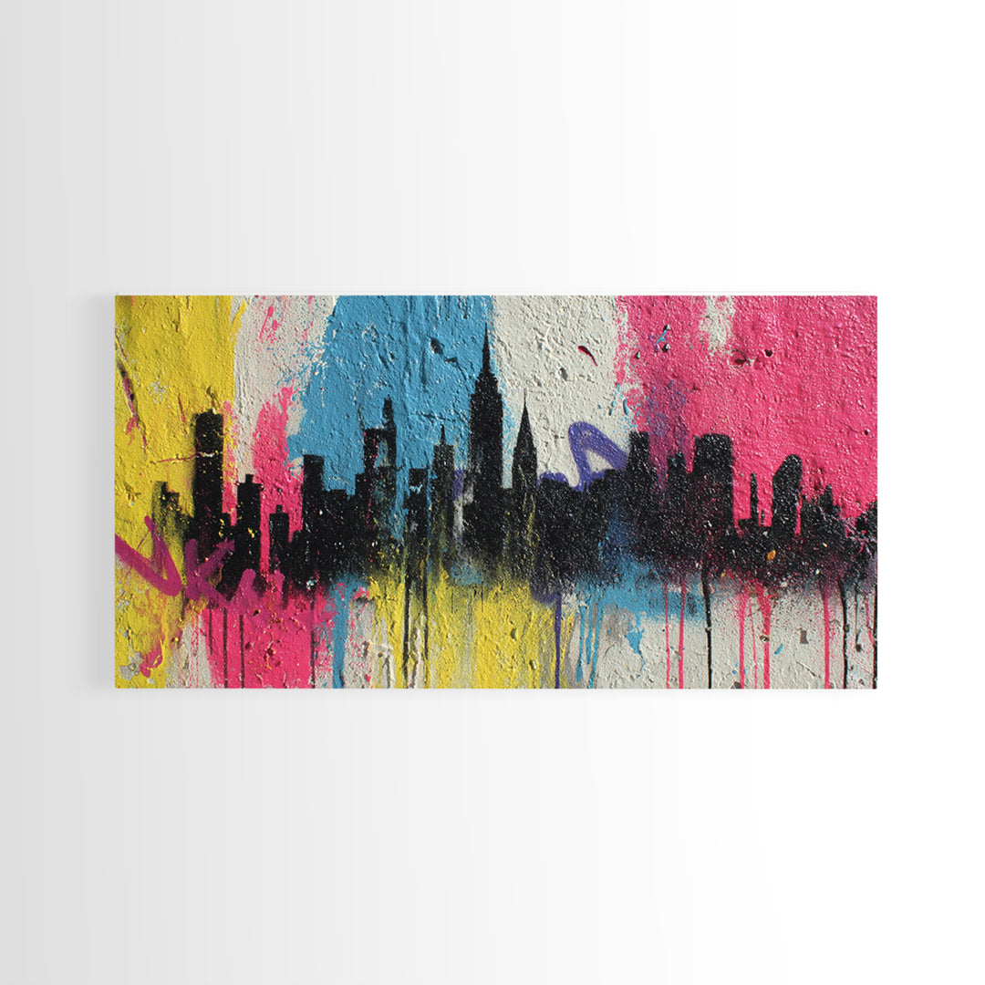 Paint Drips Forming a Skyline Silhouette Framed Canvas Print, Graffiti Art, Wall Decor, Living Room Decor, Abstract Art, Street, GRF-2x1-9
