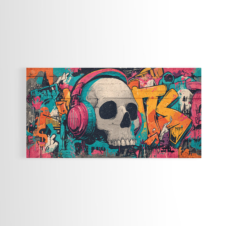 Skull and Headphones Mural Composition Framed Canvas Print, Graffiti Art, Mid Century Modern, Living Room Decor, Street, GRF-2x1-91