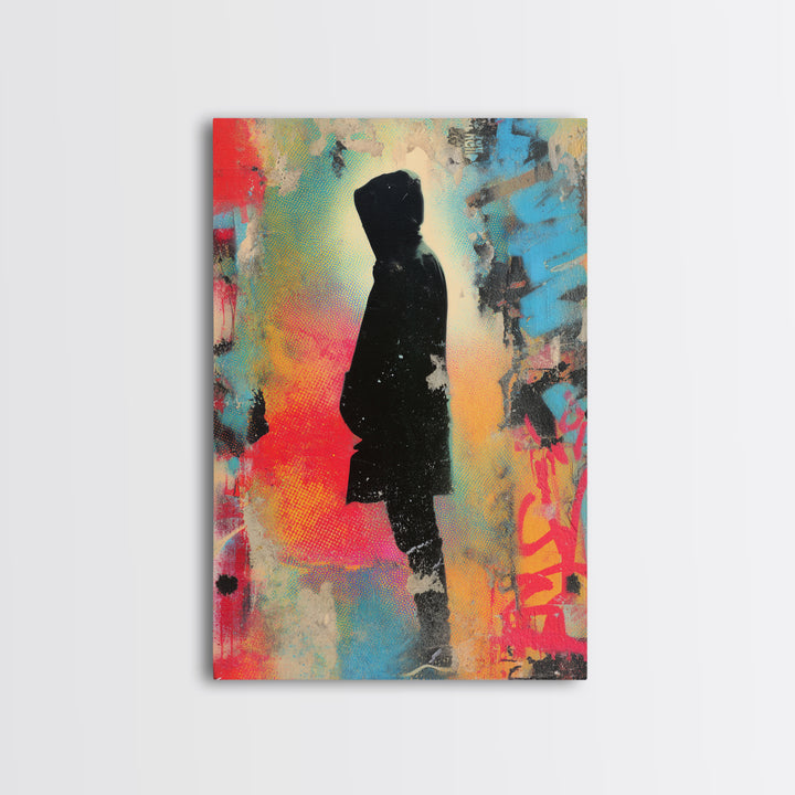 Masked Street Artist Silhouette Framed Canvas Print, Graffiti Art, Minimalist Decor, Living Room Decor, Fine Art, Street, GRF-2x3-30
