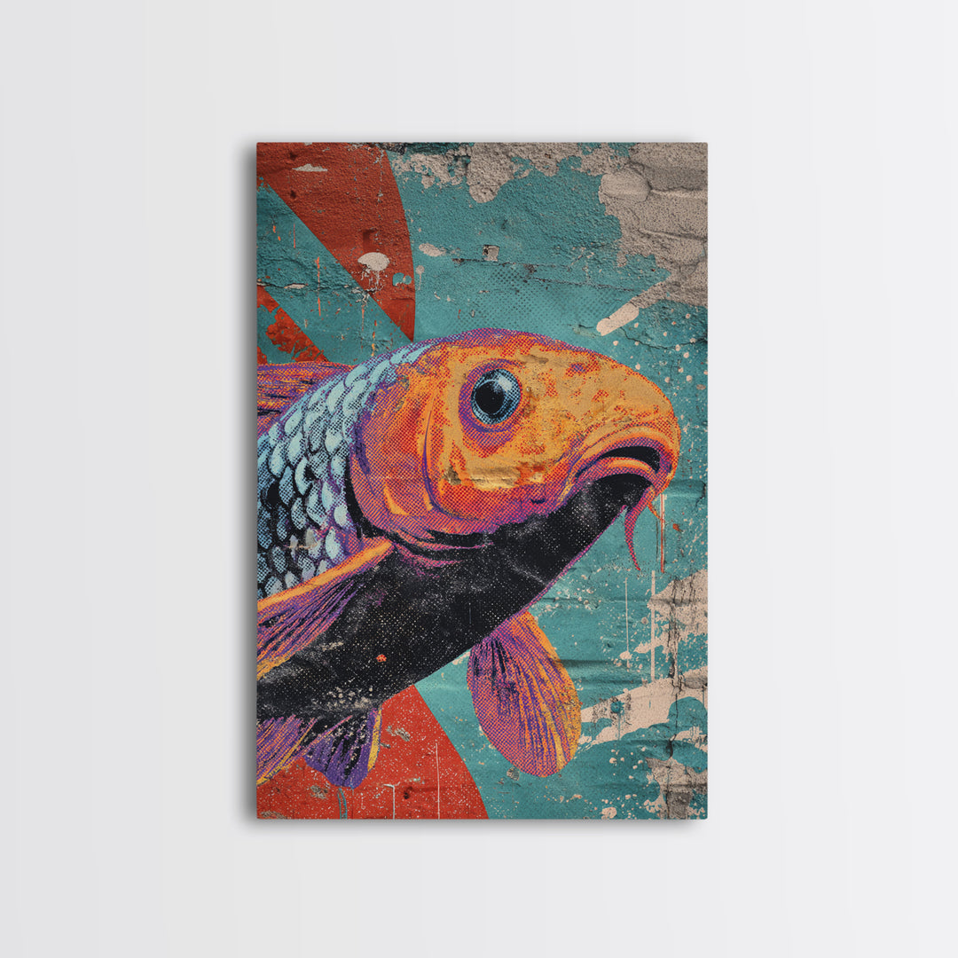 Spray Painted Koi Fish on Brick Texture Framed Canvas Print, Graffiti Art, Living Room Decor, Watercolor Art, Street, GRF-2x3-48