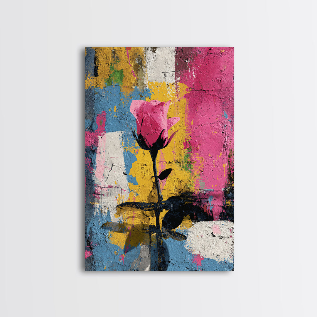 Graffiti Rose Blooming from Concrete Crack Framed Canvas Print, Graffiti Art, Original Art, Living Room Decor, Oil Painting, GRF-2x3-53