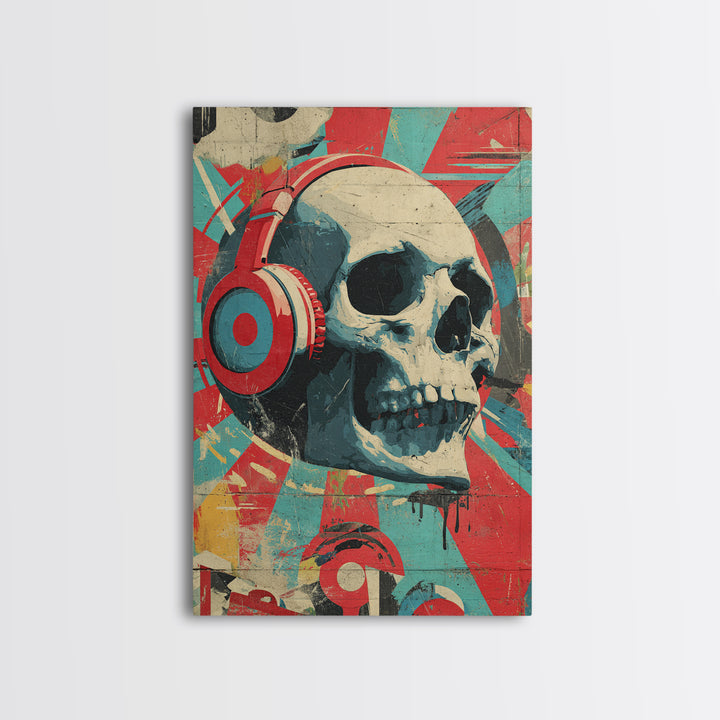 Skull and Headphones Mural Composition Framed Canvas Print, Graffiti Art, Wall Hangings, Living Room Decor, Fine Art, Street, GRF-2x3-55