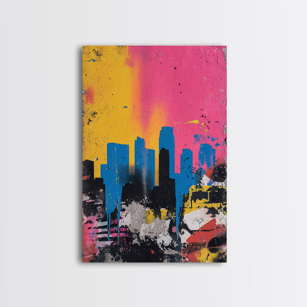 Paint Drips Forming a Skyline Silhouette Framed Canvas Print, Graffiti Art, Bedroom Decor, Living Room Decor, Abstract Art, GRF-2x3-69