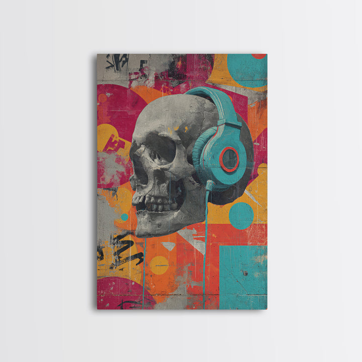 Skull and Headphones Mural Composition Canvas Print, Graffiti Art, Art Deco, Living Room Decor, Street, Wall Sculpture, GRF-2x3-79