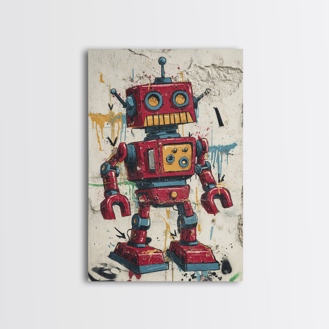 Cartoon Robot Character Framed Canvas Print, Graffiti Art, Large Wall Art, Living Room Decor, Fine Art, Street, Modern Wall Art, GRF-2x3-90