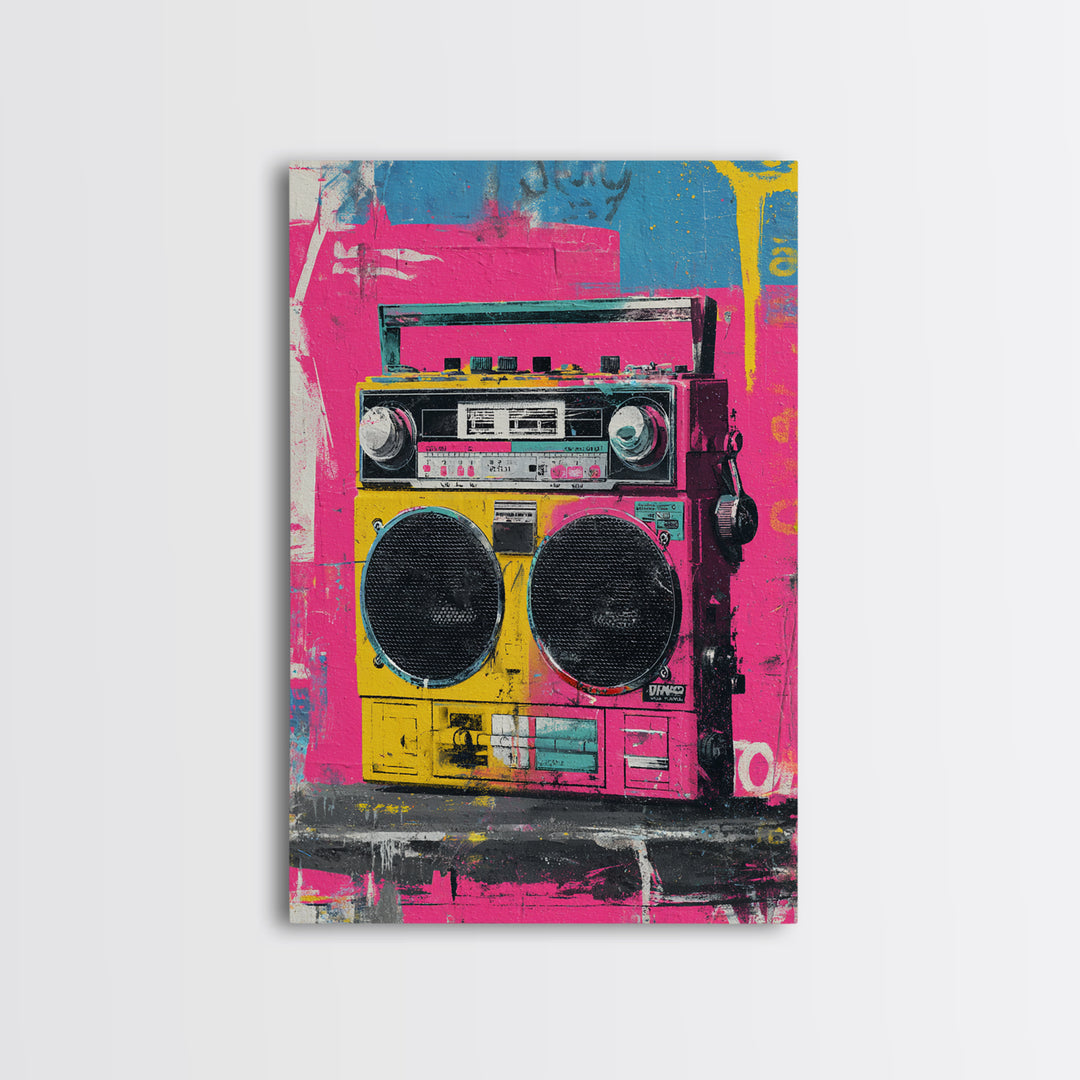 Boombox and Cassette Tape Framed Canvas Print, Graffiti Art, Art Deco, Living Room Decor, Fine Art, Street, Wall Sculpture, GRF-2x3-94