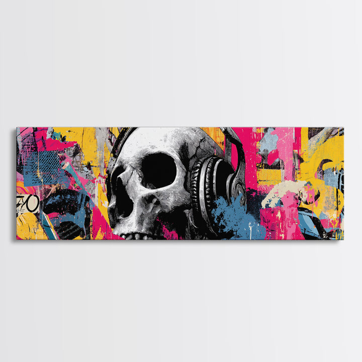 Skull and Headphones Mural Composition Framed Canvas Print, Graffiti Art, Gallery Decor, Living Room Decor, Fine Art, Street, GRF-3x1-15