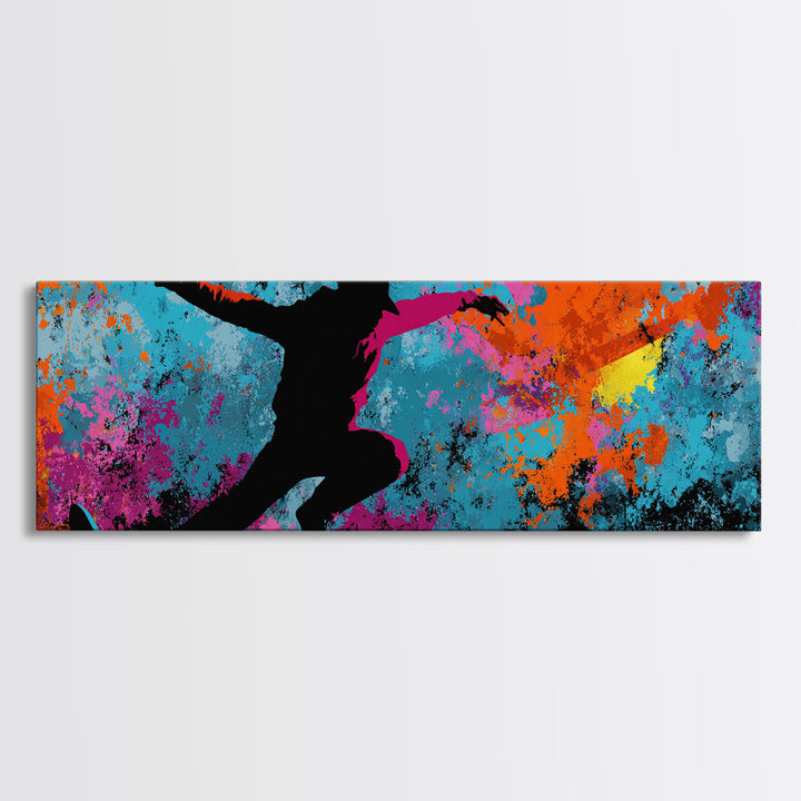 Breakdancer Silhouette over Bright Paint Splashes Canvas Print, Graffiti Art, Framed Art, Living Room Decor, Fine Art, Street, GRF-3x1-42