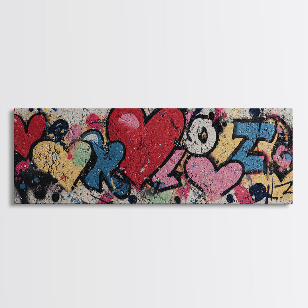 Neon Heart Painted on Cracked Concrete Texture Canvas Print, Graffiti Art, Digital Print, Living Room Decor, Fine Art, Street, GRF-3x1-46