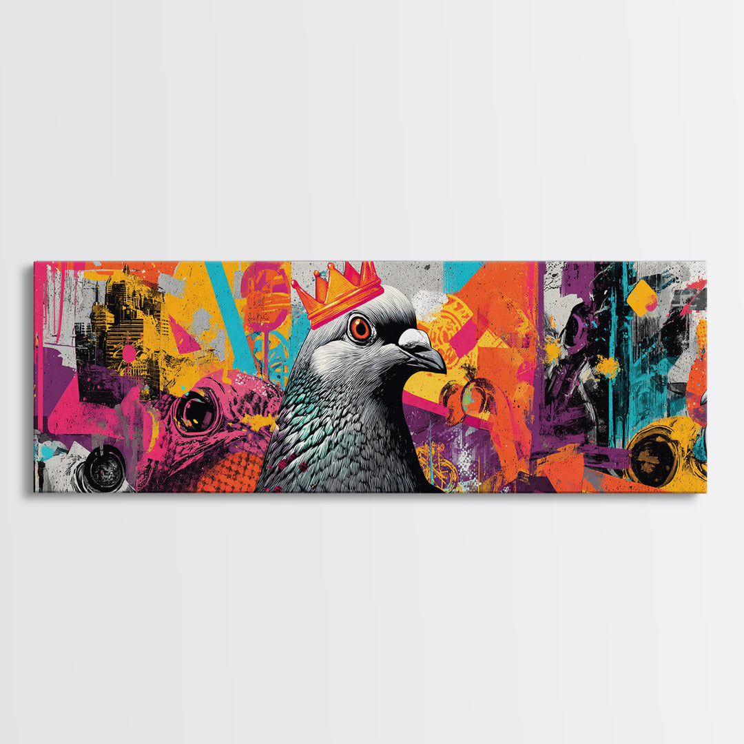 City Pigeon with Crown in Street Art Framed Canvas Print, Graffiti Art, Wall Hangings, Living Room Decor, Fine Art, Street, GRF-3x1-51