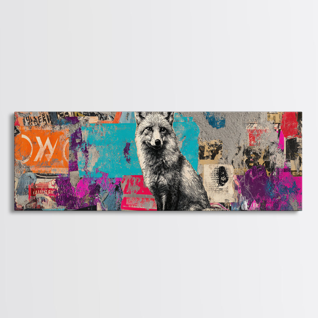 Urban Fox with Layered Sticker Collage Framed Canvas Print, Graffiti Art, Graffiti, Living Room Decor, Fine Art, Street, GRF-3x1-57