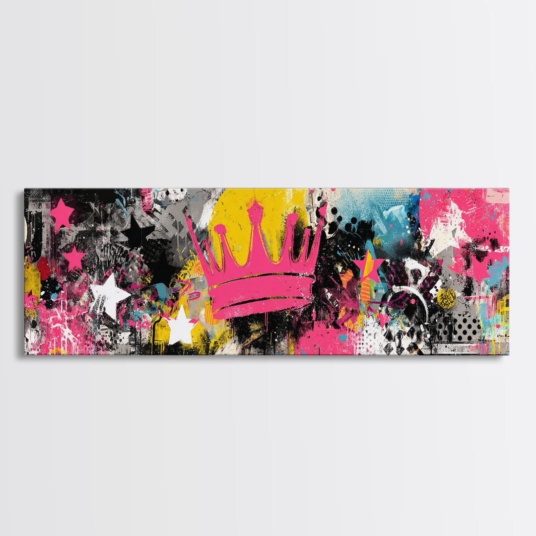 Abstract Crown and Stars Framed Canvas Print, Graffiti Art, Wall Decor, Living Room Decor, Abstract Art, Street, Canvas Art, GRF-3x1-59