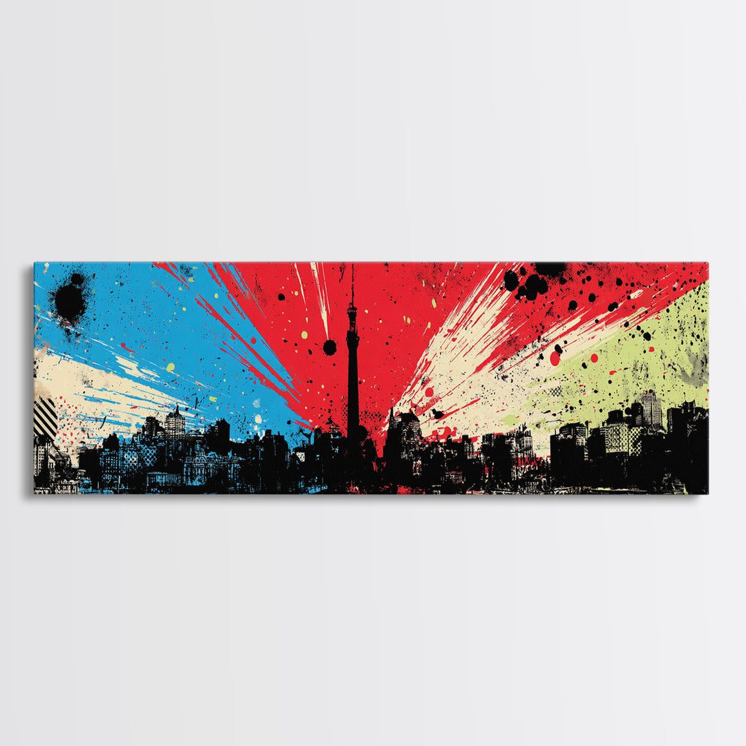 Paint Drips Forming a Skyline Silhouette Framed Canvas Print, Graffiti Art, Boho Wall Decor, Living Room Decor, Street, GRF-3x1-77