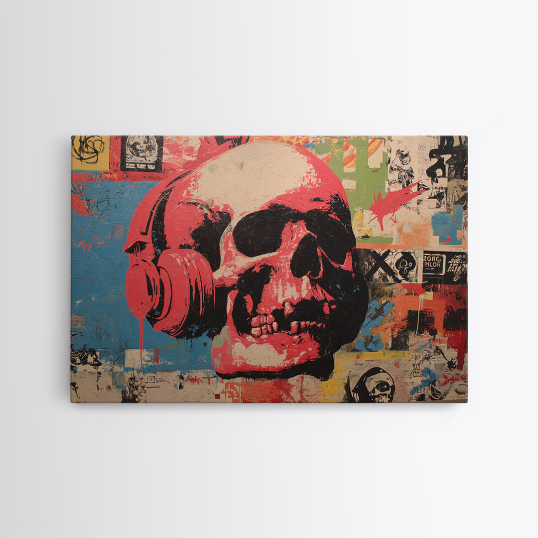 Skull and Headphones Mural Composition Framed Canvas Print, Graffiti Art, Gallery Decor, Living Room Decor, Fine Art, Street, GRF-3x2-27