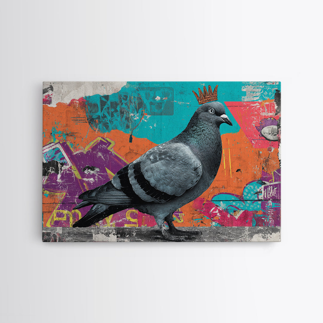 City Pigeon with Crown in Street Art Framed Canvas Print, Graffiti Art, Contemporary Art, Living Room Decor, Fine Art, Street, GRF-3x2-39
