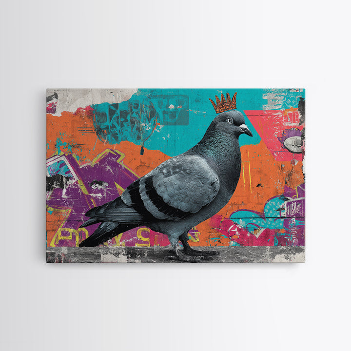 City Pigeon with Crown in Street Art Framed Canvas Print, Graffiti Art, Contemporary Art, Living Room Decor, Fine Art, Street, GRF-3x2-39
