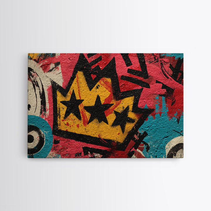 Abstract Crown and Stars Framed Canvas Print, Graffiti Art, Above Bed Decor, Living Room Decor, Abstract Art, Street, GRF-3x2-71