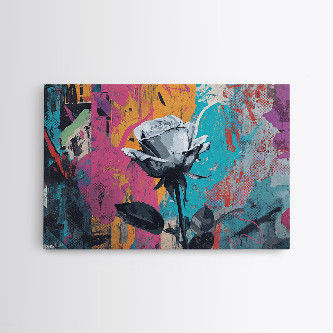 Graffiti Rose Blooming from Concrete Crack Canvas Print, Graffiti Art, Neutral Decor, Living Room Decor, Fine Art, Street, GRF-3x2-73