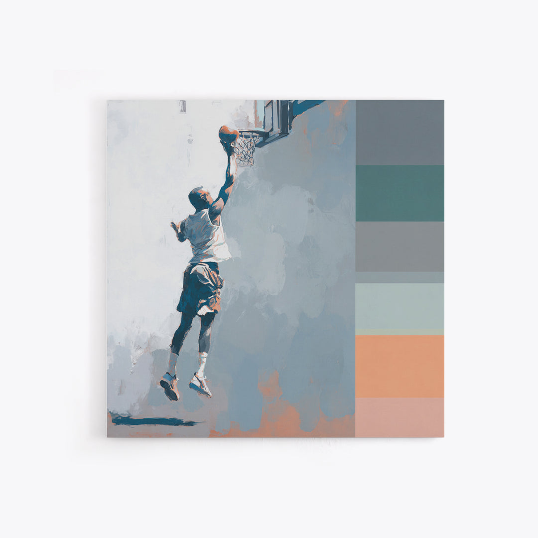 Basketball Player Dunking Through Bold Color Canvas Print, Gym Art, Speakeasy Art, Gym Decor, Oil Painting, Strength, GYM-1x1-30