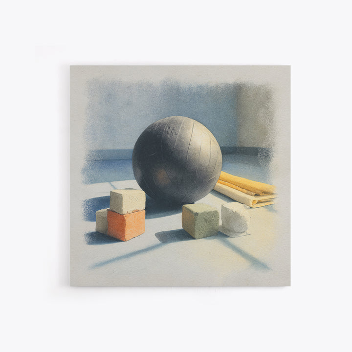Medicine Ball and Chalk Still Life Framed Canvas Print, Gym Art, Wall Decoration, Gym Decor, Fine Art, Strength, Speakeasy Art, GYM-1x1-47