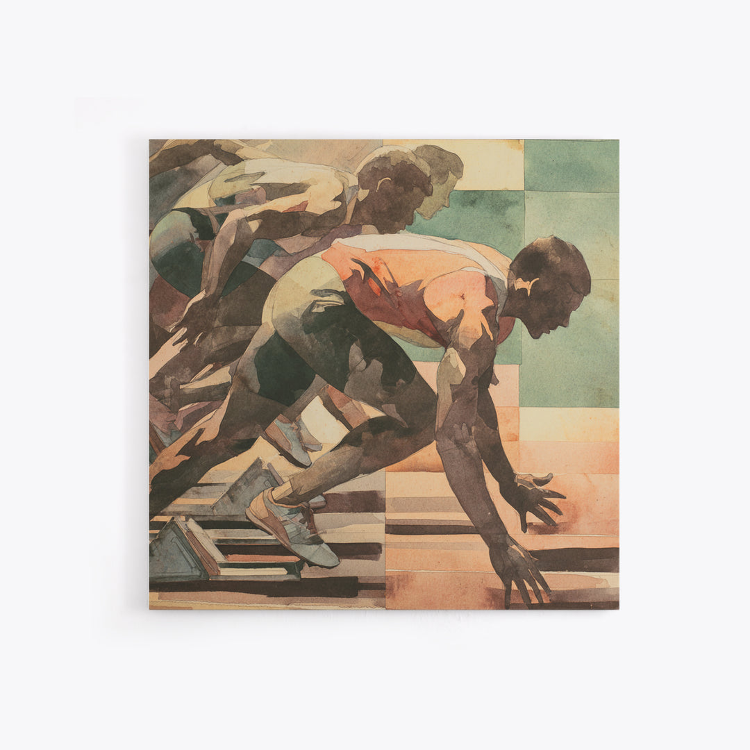 Sprinter Exploding from Starting Blocks Framed Canvas Print, Gym Art, Speakeasy Art, Gym Decor, Oil Painting, Strength, GYM-1x1-51
