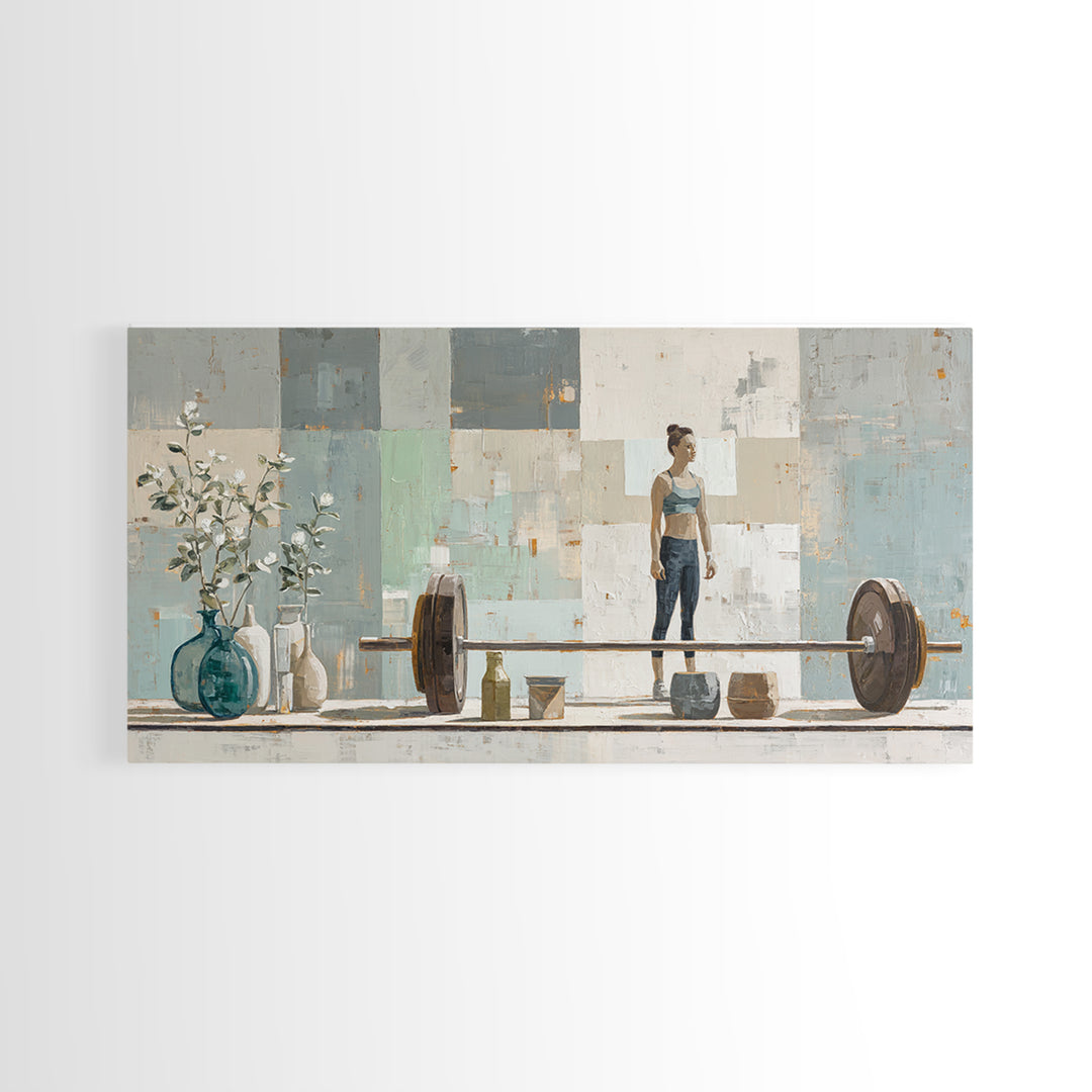 Female Weightlifter with Triumphant Stance Framed Canvas Print, Gym Art, Boho Decor, Gym Decor, Oil Painting, Strength, GYM-2x1-27