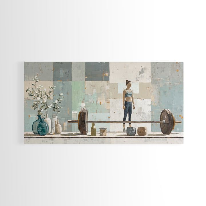 Female Weightlifter with Triumphant Stance Framed Canvas Print, Gym Art, Boho Decor, Gym Decor, Oil Painting, Strength, GYM-2x1-27