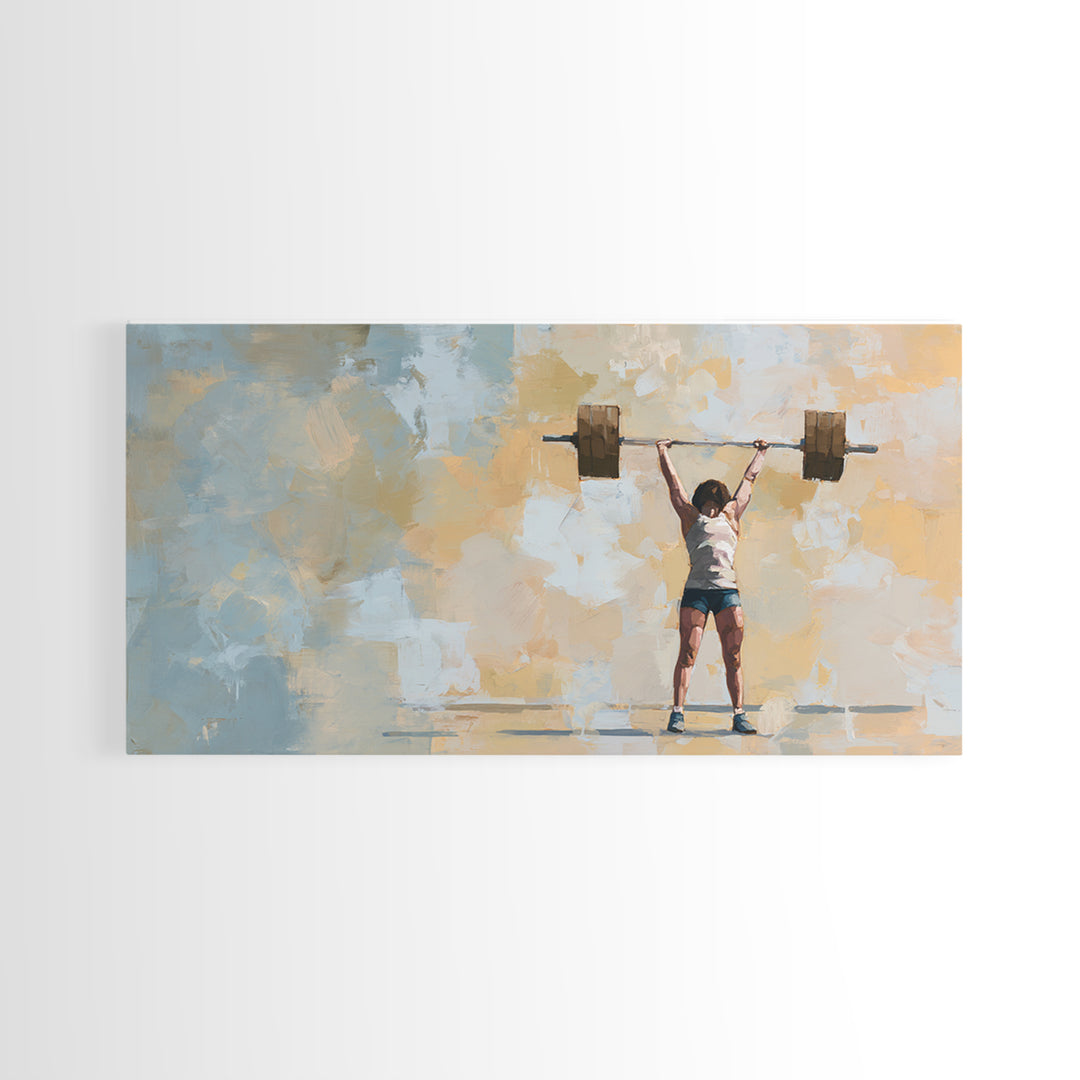 Female Weightlifter with Triumphant Stance Framed Canvas Print, Gym Art, Man Cave Decor, Gym Decor, Fine Art, Strength, GYM-2x1-3