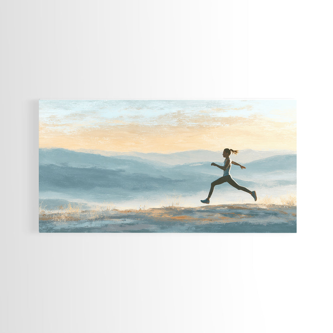 Runner on Mountain Ridge at Sunrise Framed Canvas Print, Gym Art, Canvas Wall Art, Gym Decor, Watercolor Art, Strength, GYM-2x1-56
