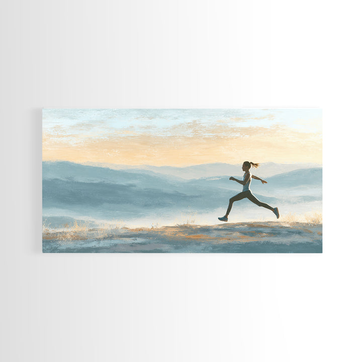 Runner on Mountain Ridge at Sunrise Framed Canvas Print, Gym Art, Canvas Wall Art, Gym Decor, Watercolor Art, Strength, GYM-2x1-56