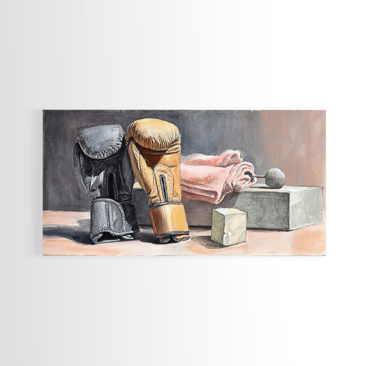 Boxing Glove and Towel Still Life Framed Canvas Print, Gym Art, Living Room Decor, Gym Decor, Oil Painting, Strength, GYM-2x1-60