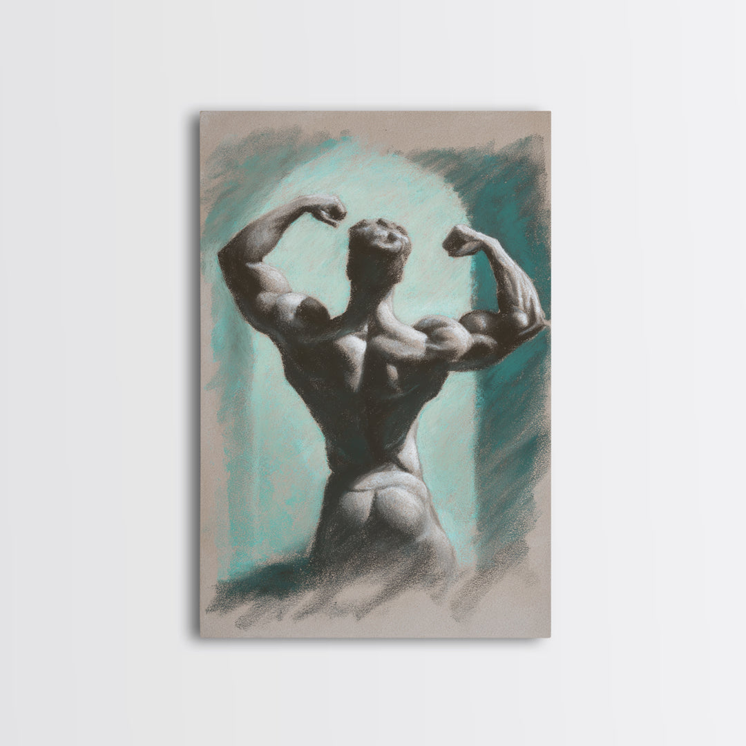 Bodybuilder Pose Rendered Framed Canvas Print, Gym Art, Living Room Decor, Gym Decor, Oil Painting, Strength, Sports Poster, GYM-2x3-12