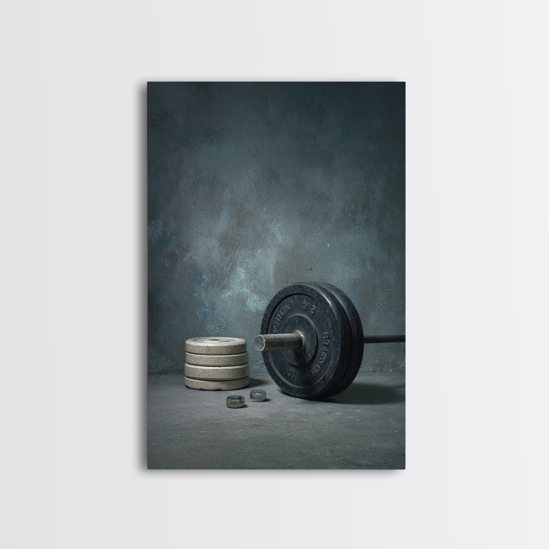 Barbell and Plates Framed Canvas Print, Gym Art, Printable Wall Art, Gym Decor, Fine Art, Strength, Sports Decor, Cool Posters, GYM-2x3-34