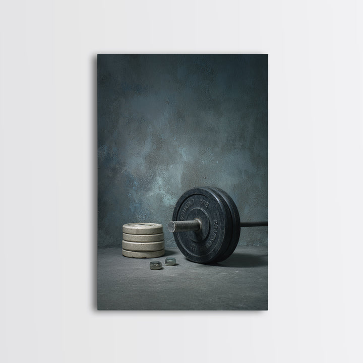 Barbell and Plates Framed Canvas Print, Gym Art, Printable Wall Art, Gym Decor, Fine Art, Strength, Sports Decor, Cool Posters, GYM-2x3-34
