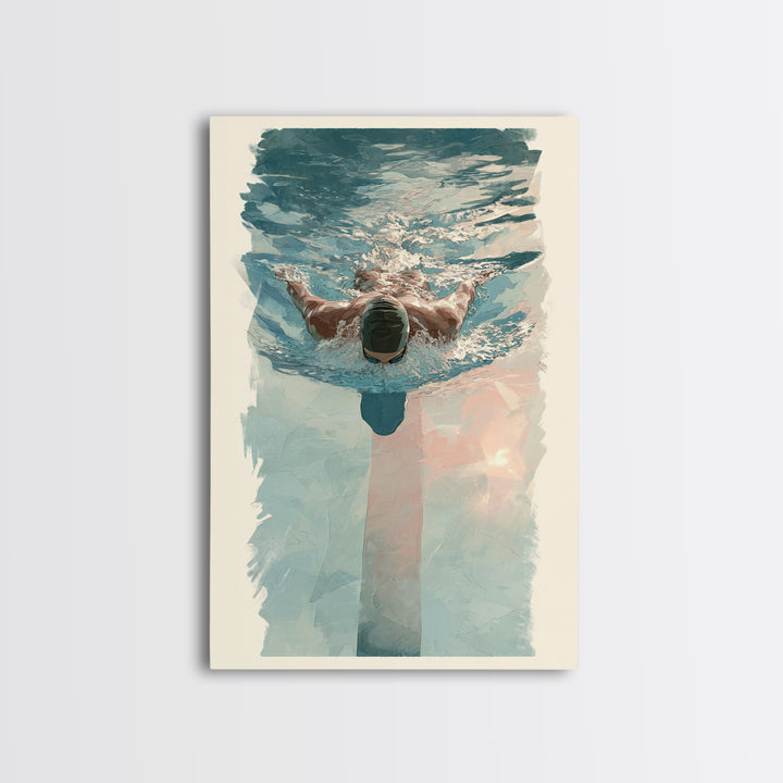 Swimmer Cutting Through Blue Water Framed Canvas Print, Gym Art, Living Room Decor, Gym Decor, Oil Painting, Strength, GYM-2x3-51
