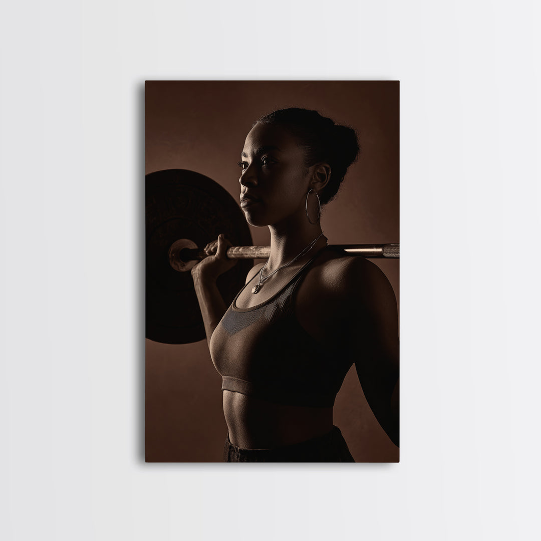 Barbell and Plates Canvas Print, Gym Art, Black Girl Wall Art, Gym Decor, Fine Art, Strength, Gym Sign, Motivational Art, GYM-2x3-58