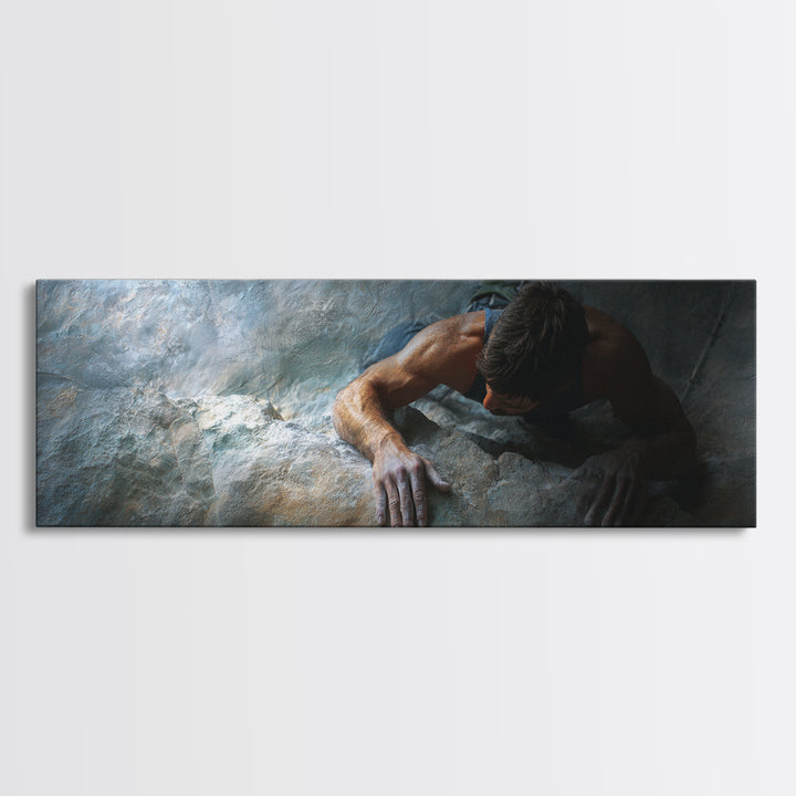 Rock Climber Reaching a Glowing Hold Framed Canvas Print, Gym Art, Bar Art, Gym Decor, Strength, Gym Sign, Motivational Art, GYM-3x1-2
