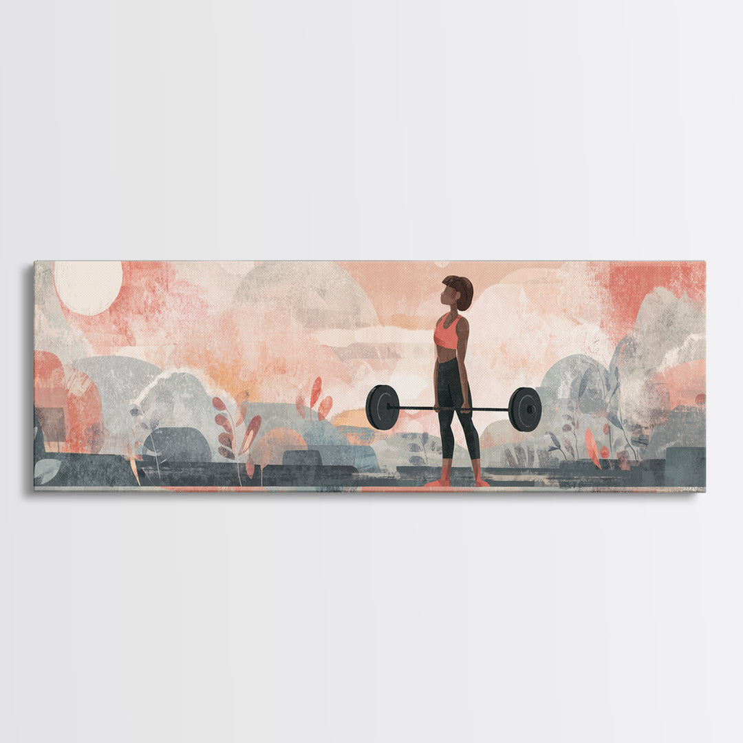 Female Weightlifter with Triumphant Stance Framed Canvas Print, Gym Art, Art Print, Gym Decor, Strength, Abstract Wall Art, GYM-3x1-23