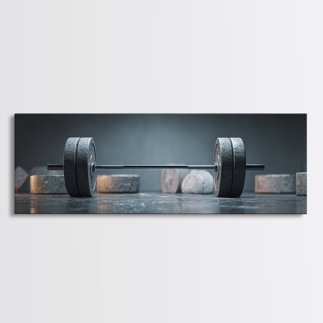 Barbell and Plates Framed Canvas Print, Gym Art, Gym Decor, Fine Art, Strength, Luxury Decor, Art Print, Room Decor, GYM-3x1-90