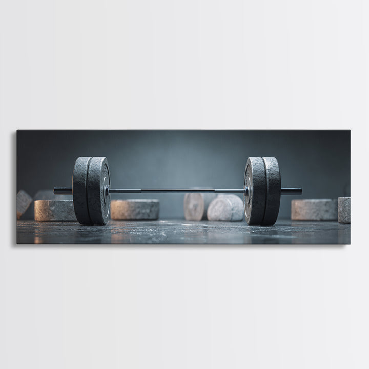 Barbell and Plates Framed Canvas Print, Gym Art, Gym Decor, Fine Art, Strength, Luxury Decor, Art Print, Room Decor, GYM-3x1-90