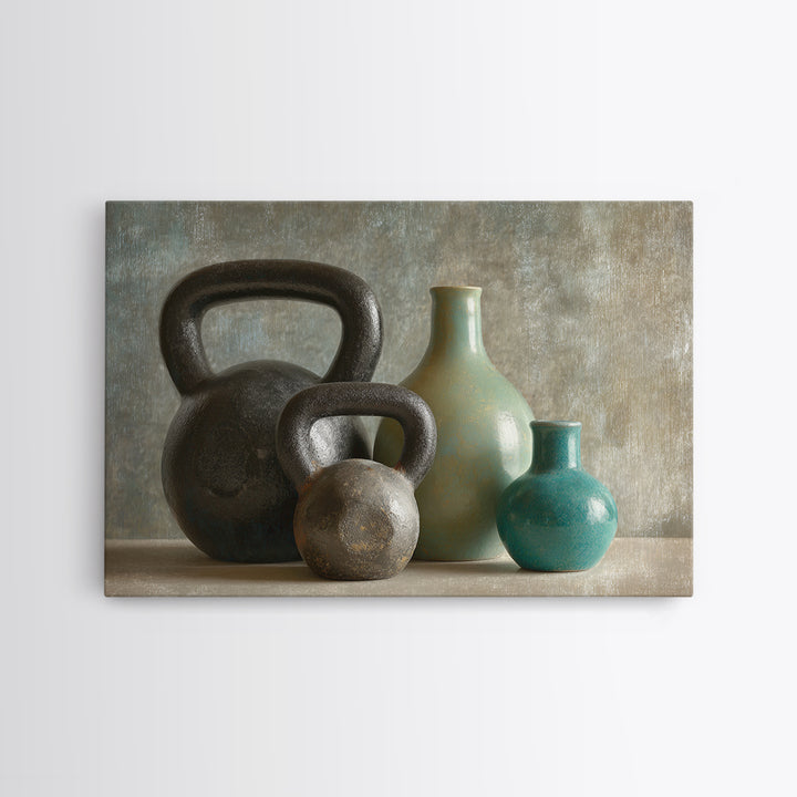 Kettlebell Still Life Canvas Print, Gym Art, Speakeasy Art, Gym Decor, Oil Painting, Strength, Minimalist Decor, GYM-3x2-37