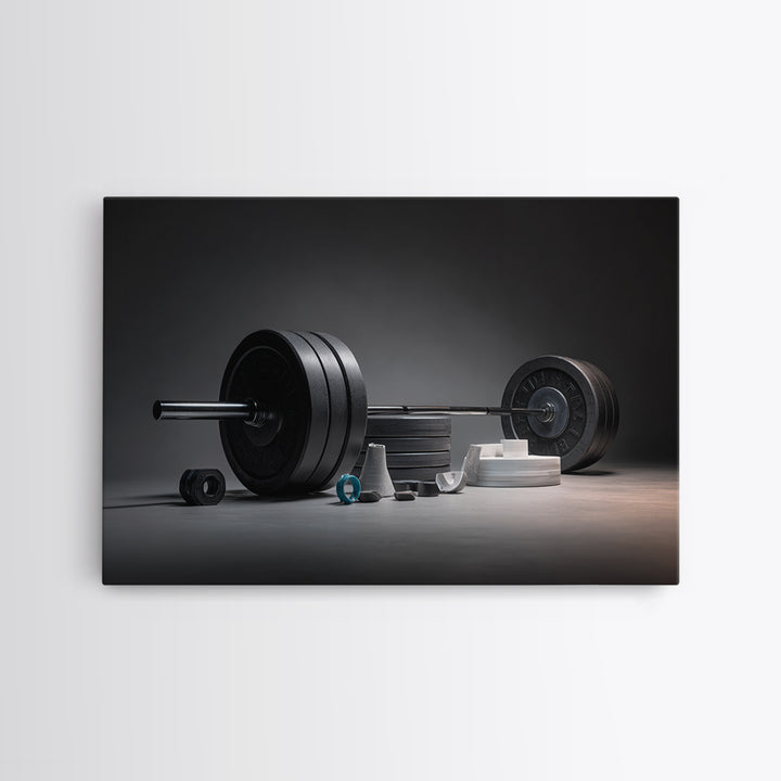 Barbell and Plates Framed Canvas Print, Gym Art, Wall Decoration, Gym Decor, Fine Art, Strength, Speakeasy Art, Home Gym Sign, GYM-3x2-6