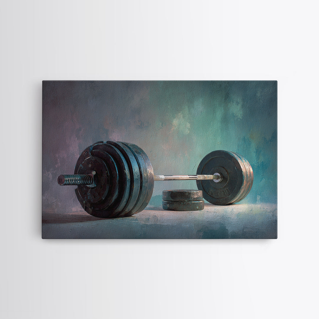 Barbell and Plates Framed Canvas Print, Gym Art, Framed Canvas, Gym Decor, Fine Art, Strength, Textured Painting, GYM-3x2-78