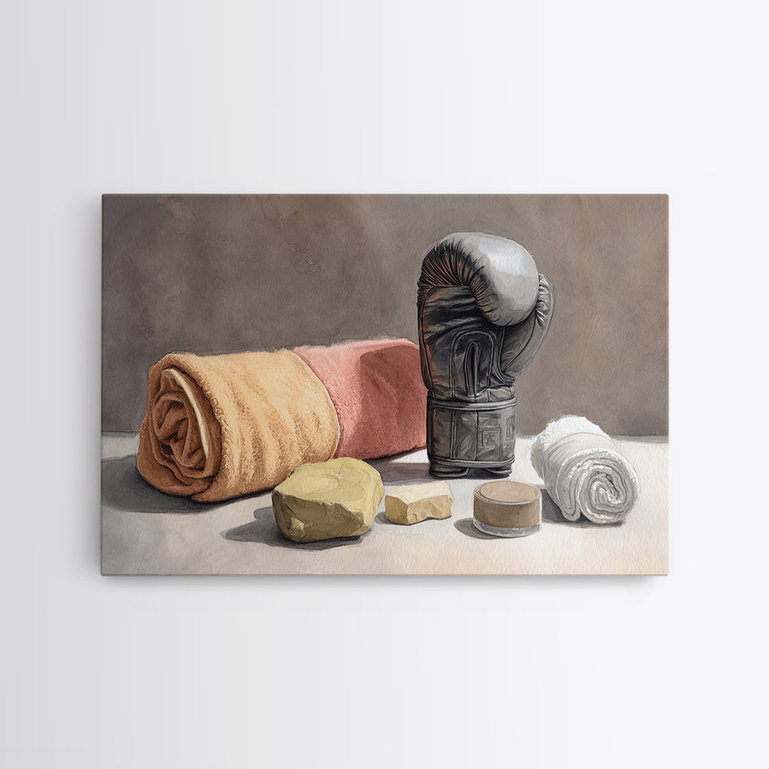 Boxing Glove and Towel Still Life Framed Canvas Print, Gym Art, Print, Gym Decor, Fine Art, Strength, Wall Decoration, GYM-3x2-92
