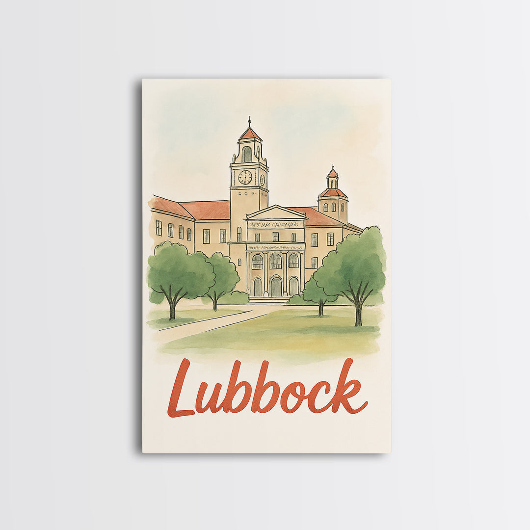 Lubbock Texas Travel Poster, Canvas Print, Watercolor City Skyline Art, Lubbock Art Print, Travel Poster Art, Home Office Decor, Wall Art